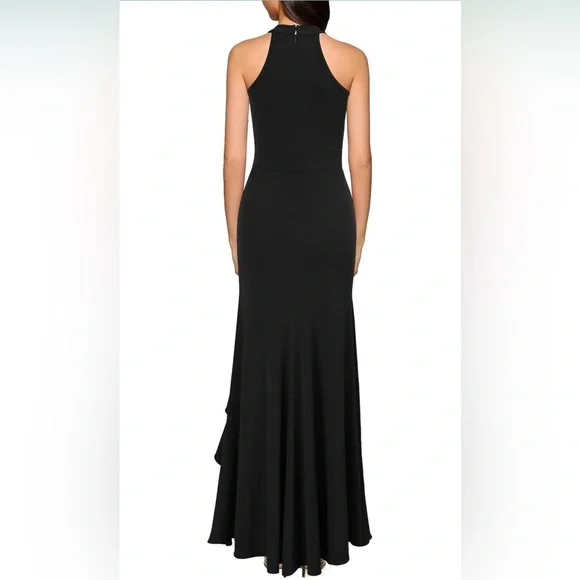 Black Halter Evening Gown w/ Rhinestone Crystal Belt – Formal Maxi Dress - Picture 2 of 7
